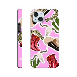 Pink Western iPhone case featuring cowboy boots, cactus, horseshoe, and longhorn skull desert motifs for drop resistance.