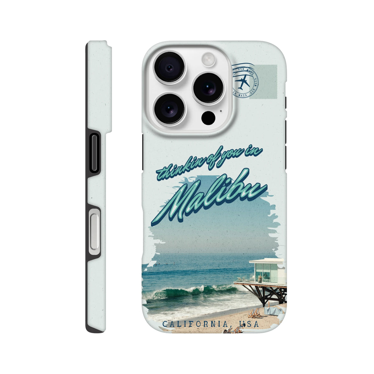 Vintage Malibu California beach iPhone case with pier graphic, "thinkin of you" text, and air mail stamp design.