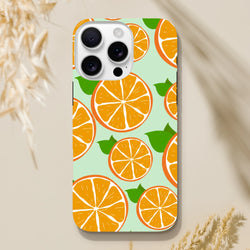 Tough iPhone case featuring a cute orange fruit pattern on mint green background, designed with reinforced bumpers for drop protection.