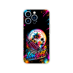 Low Life car culture iPhone case featuring a shock absorber, palm trees, and colorful spray paint splatter art.