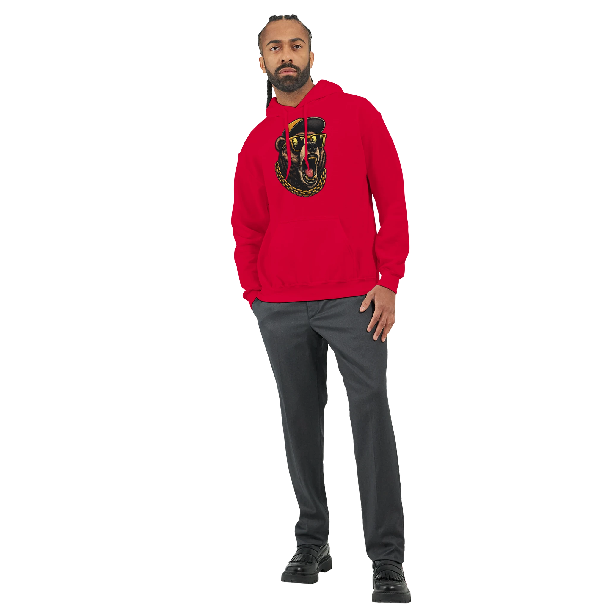Red men's Grizzly Bear Hoodie in a 50/50 cotton-poly blend with bold bear graphic and gold chain.