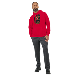 Red men's Grizzly Bear Hoodie in a 50/50 cotton-poly blend with bold bear graphic and gold chain.
