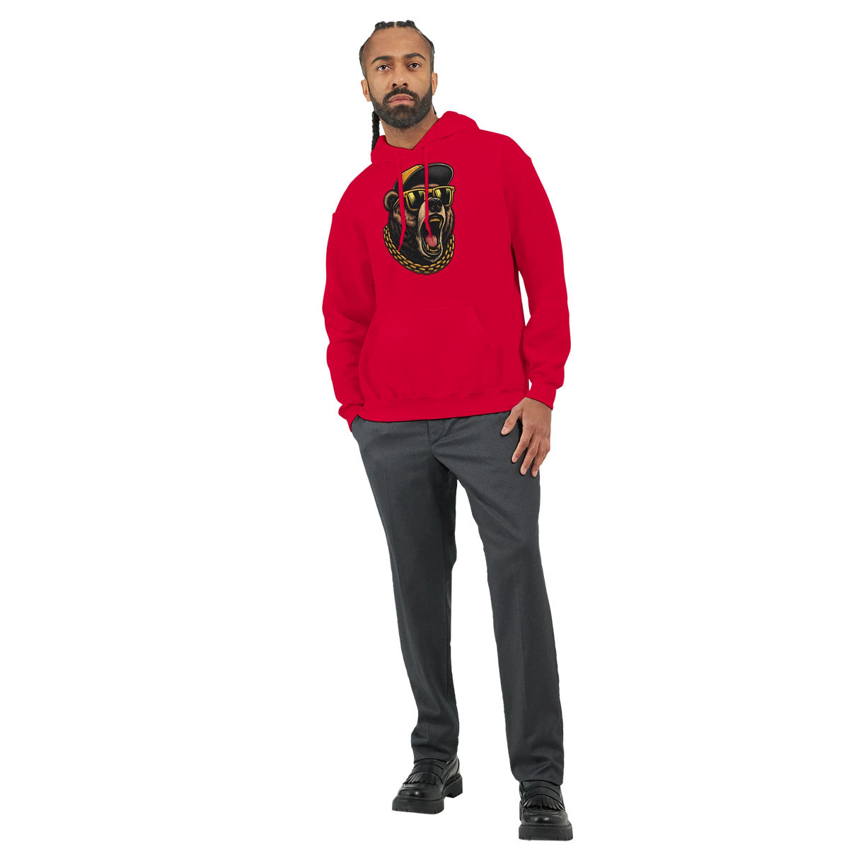 Red men's Grizzly Bear Hoodie in a 50/50 cotton-poly blend with bold bear graphic and gold chain.