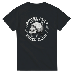 Black Angel Fury Rider Club graphic tee featuring a vintage skull, crossbones, and motorcycle text for men.