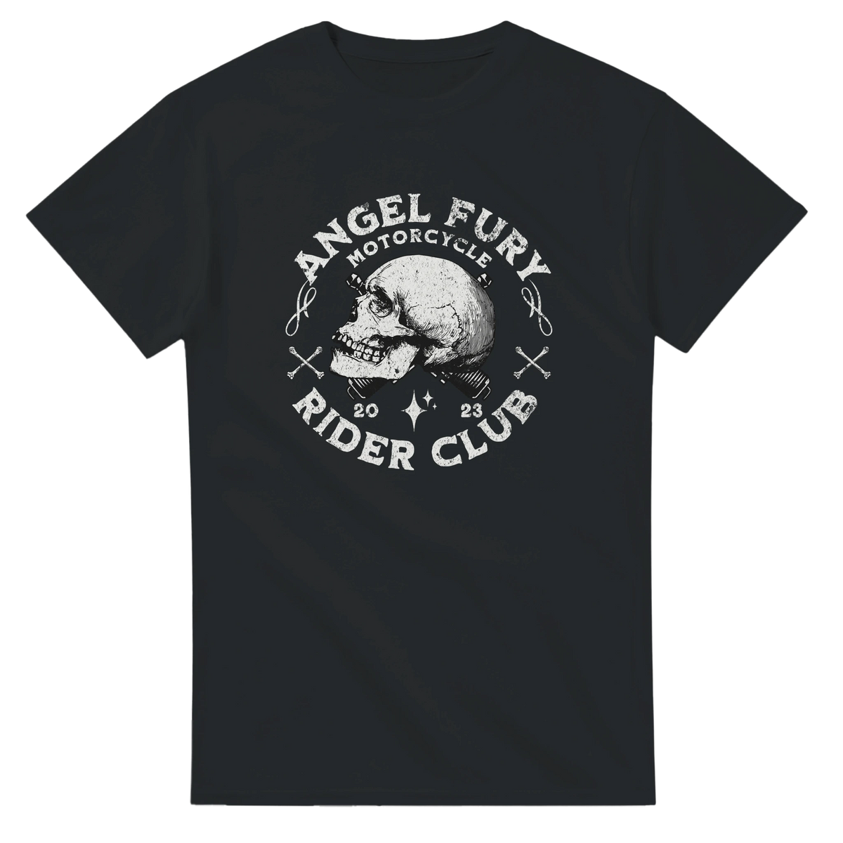 Black Angel Fury Rider Club graphic tee featuring a vintage skull, crossbones, and motorcycle text for men.