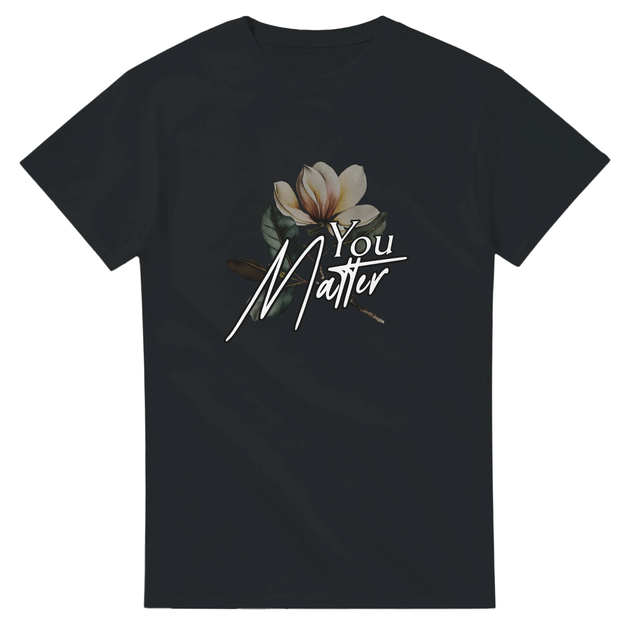 Dark cotton men’s tee featuring a magnolia bloom and You Matter script graphic.