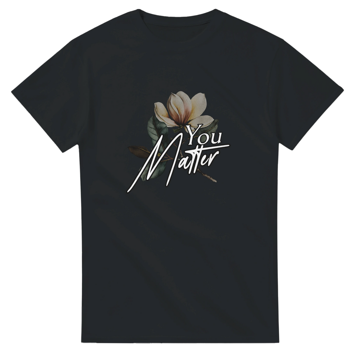 Dark cotton men’s tee featuring a magnolia bloom and You Matter script graphic.