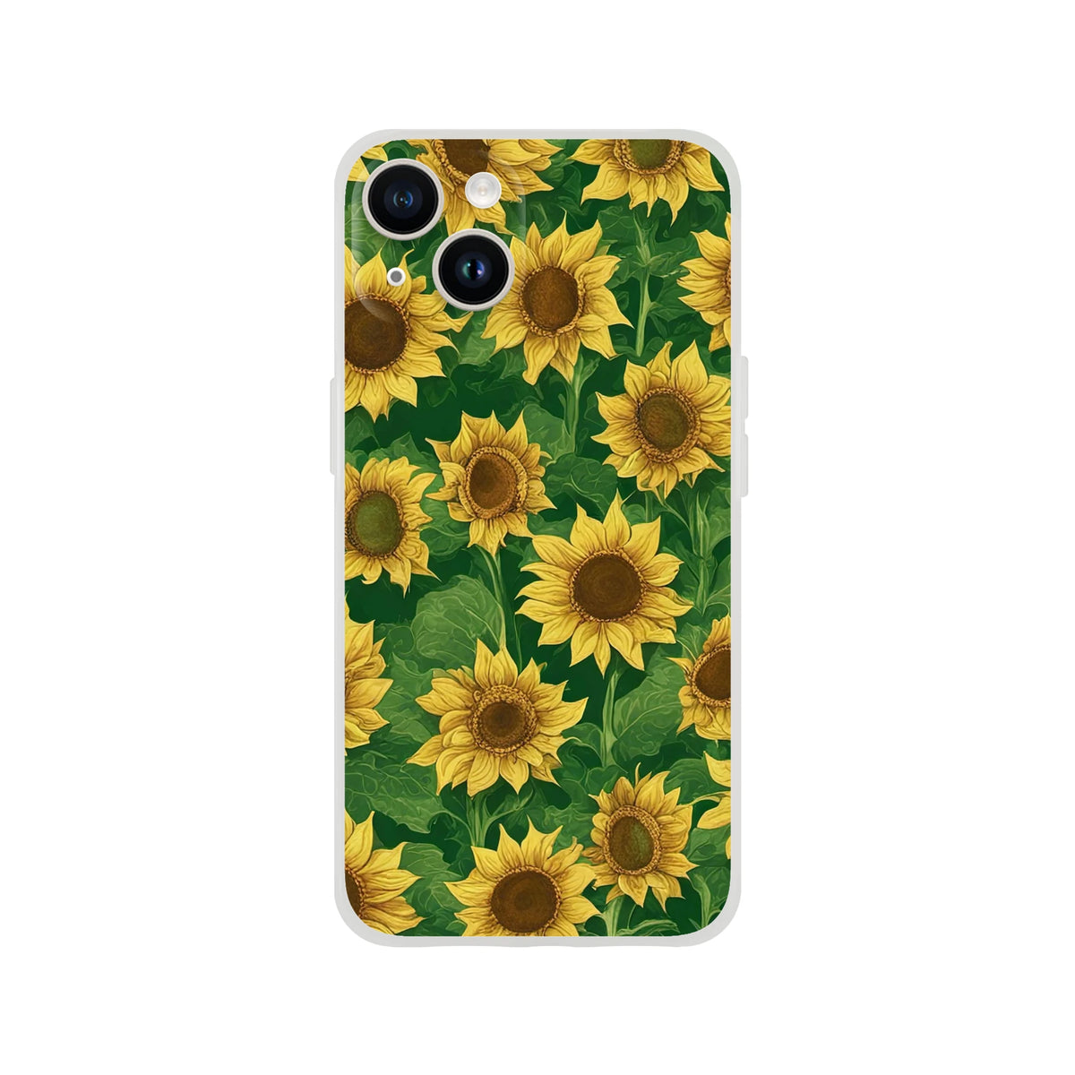 Sunflower floral iPhone case for 13-16 with yellow blooms on green leaves, slim matte finish.