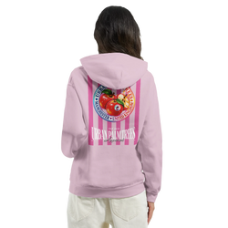 Pink hoodie back print featuring retro red apples on vertical stripes with Urban Palm Trees text and Manchester United Kingdom circular emblem.