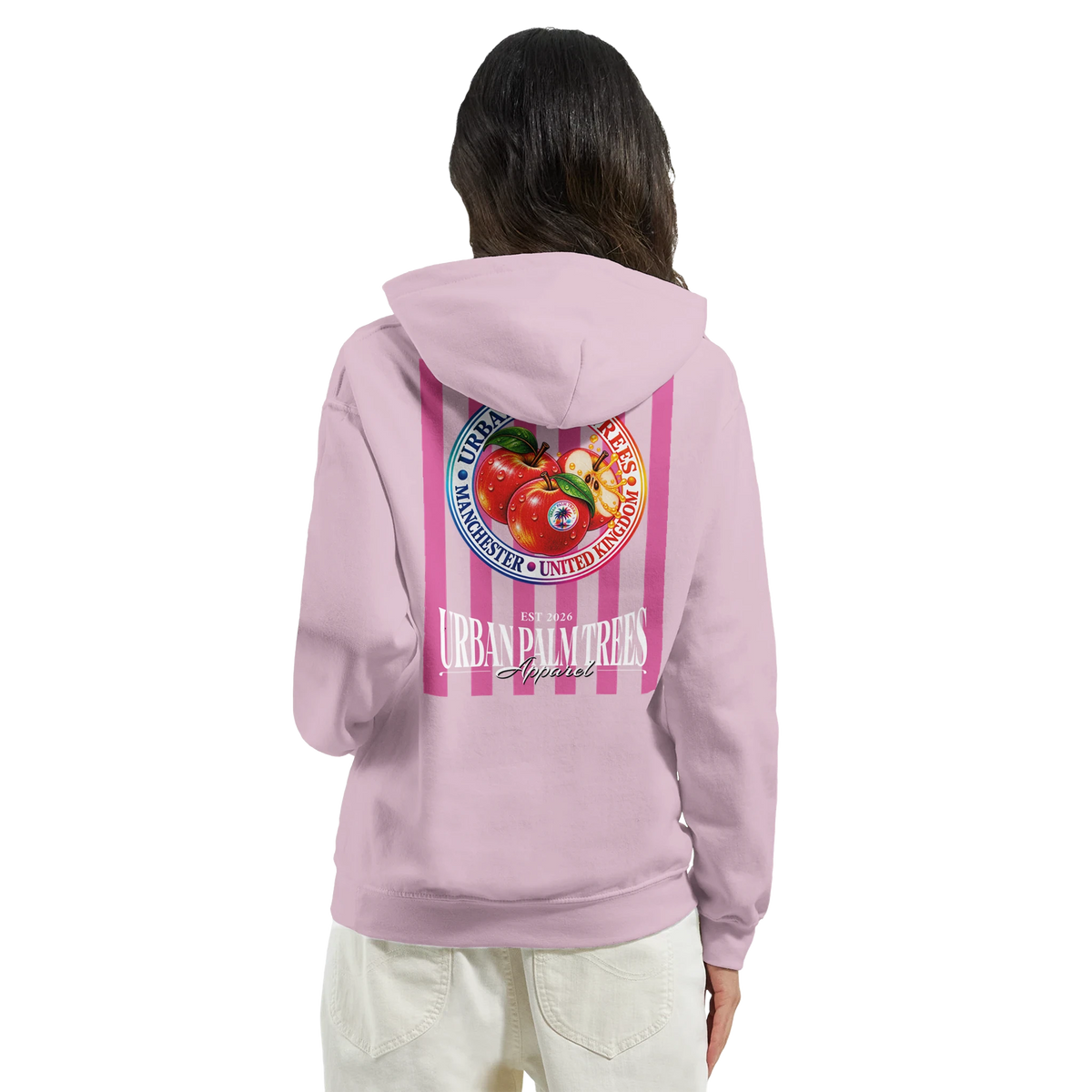 Pink hoodie back print featuring retro red apples on vertical stripes with Urban Palm Trees text and Manchester United Kingdom circular emblem.