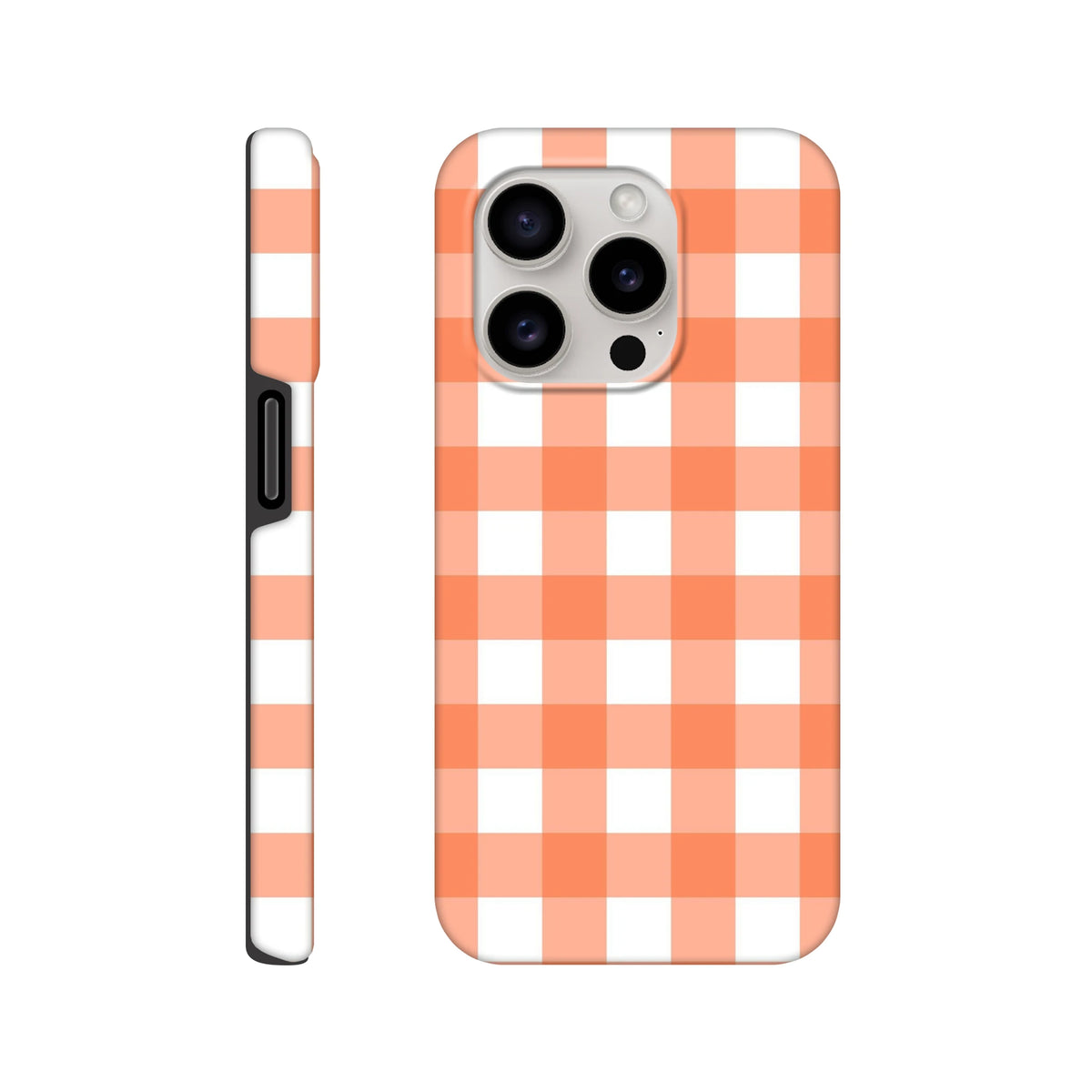 Orange gingham tough iPhone case featuring retro checkered pattern, shock-absorbing design for models 13-16.