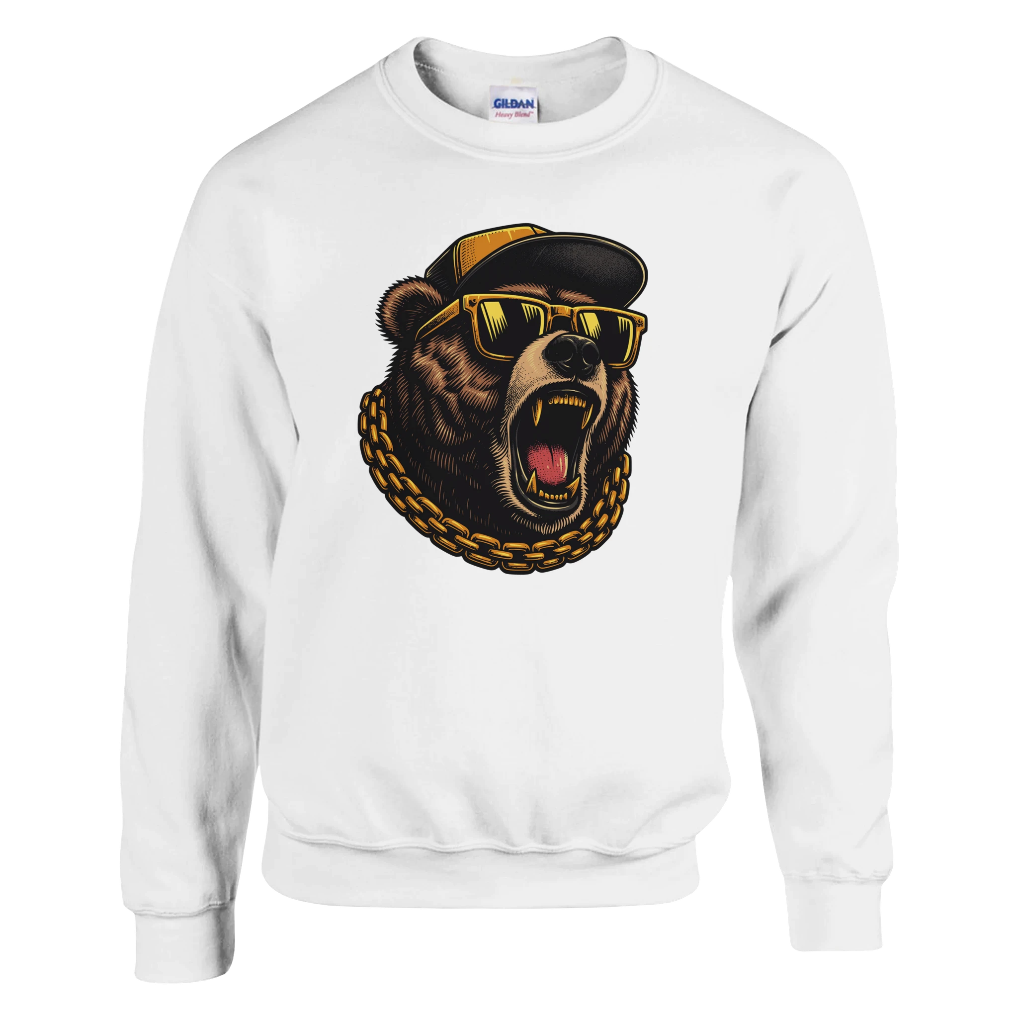 Grizzly bear head graphic on white sweatshirt with cap, gold sunglasses, and chunky gold chain.