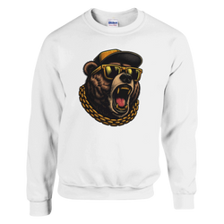 Grizzly bear head graphic on white sweatshirt with cap, gold sunglasses, and chunky gold chain.
