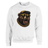 Grizzly bear head graphic on white sweatshirt with cap, gold sunglasses, and chunky gold chain.