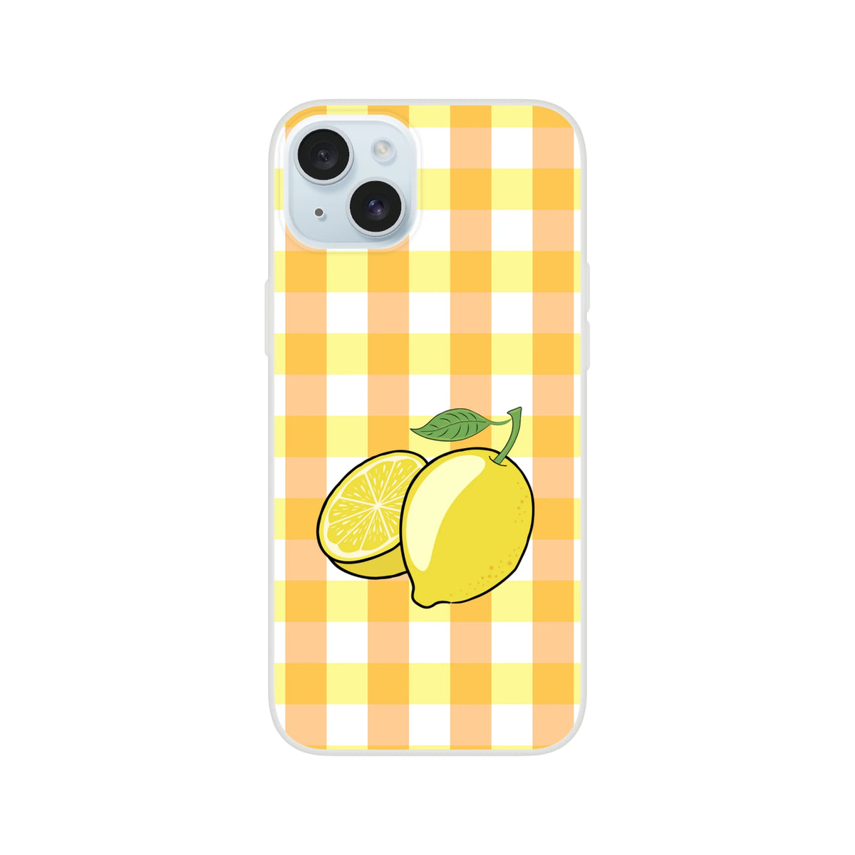Yellow lemon-gingham iPhone case for 13-16 with lemon illustration on a checkered background.