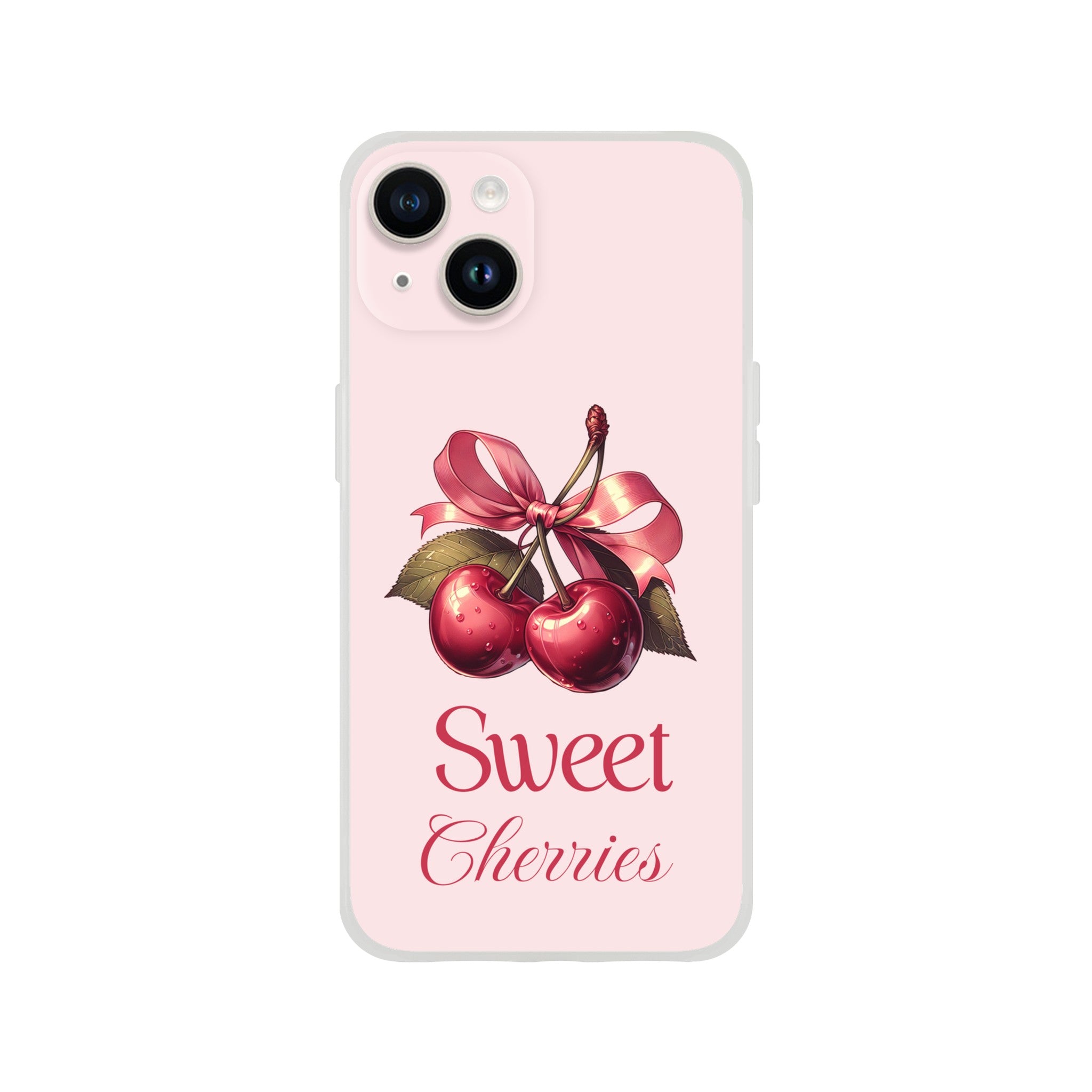 Pink iPhone case with cherries tied by a pink ribbon and the Sweet Cherries text, for iPhone 16/15/14/13.