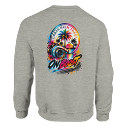 Grey sweatshirt back featuring colorful "On Boost" graphic with turbocharger, palm trees, and tire tracks for modified car culture.