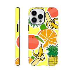 Yellow iPhone case with bold tropical sticker effect design featuring orange, banana, and pineapple graphics on a bright background.