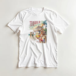 White retro tee featuring watercolor Tequila Sunrise graphic with beach bar scene, palm trees, and coastal holiday vibes.