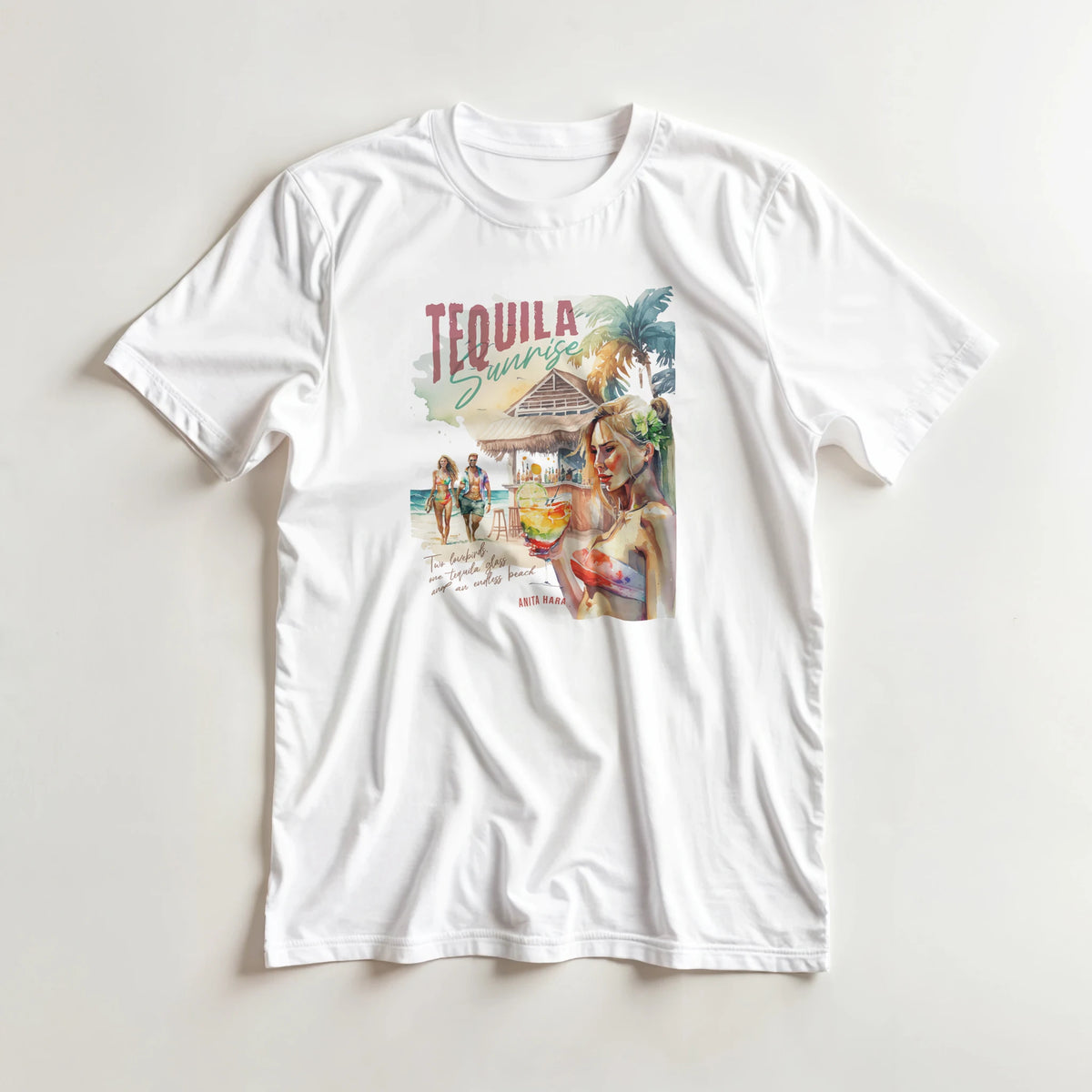White retro tee featuring watercolor Tequila Sunrise graphic with beach bar scene, palm trees, and coastal holiday vibes.