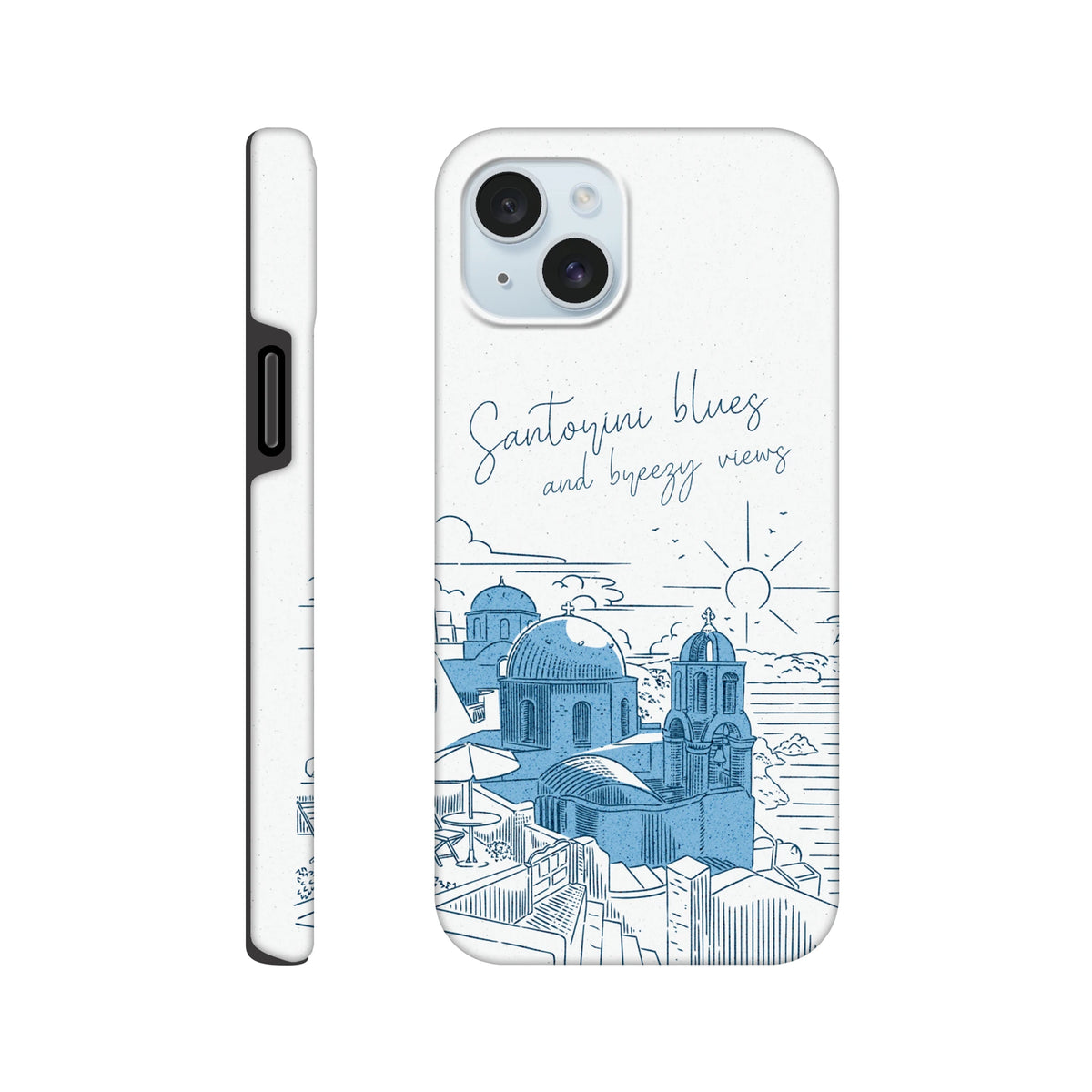 White iPhone case featuring a blue line drawing of Santorini domes and "Santorini blues and breezy views" text.