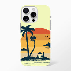 Retro Tropical Sunset Palm Tree Tough iPhone Case for 13-16 with wraparound palm design and beach sunset.