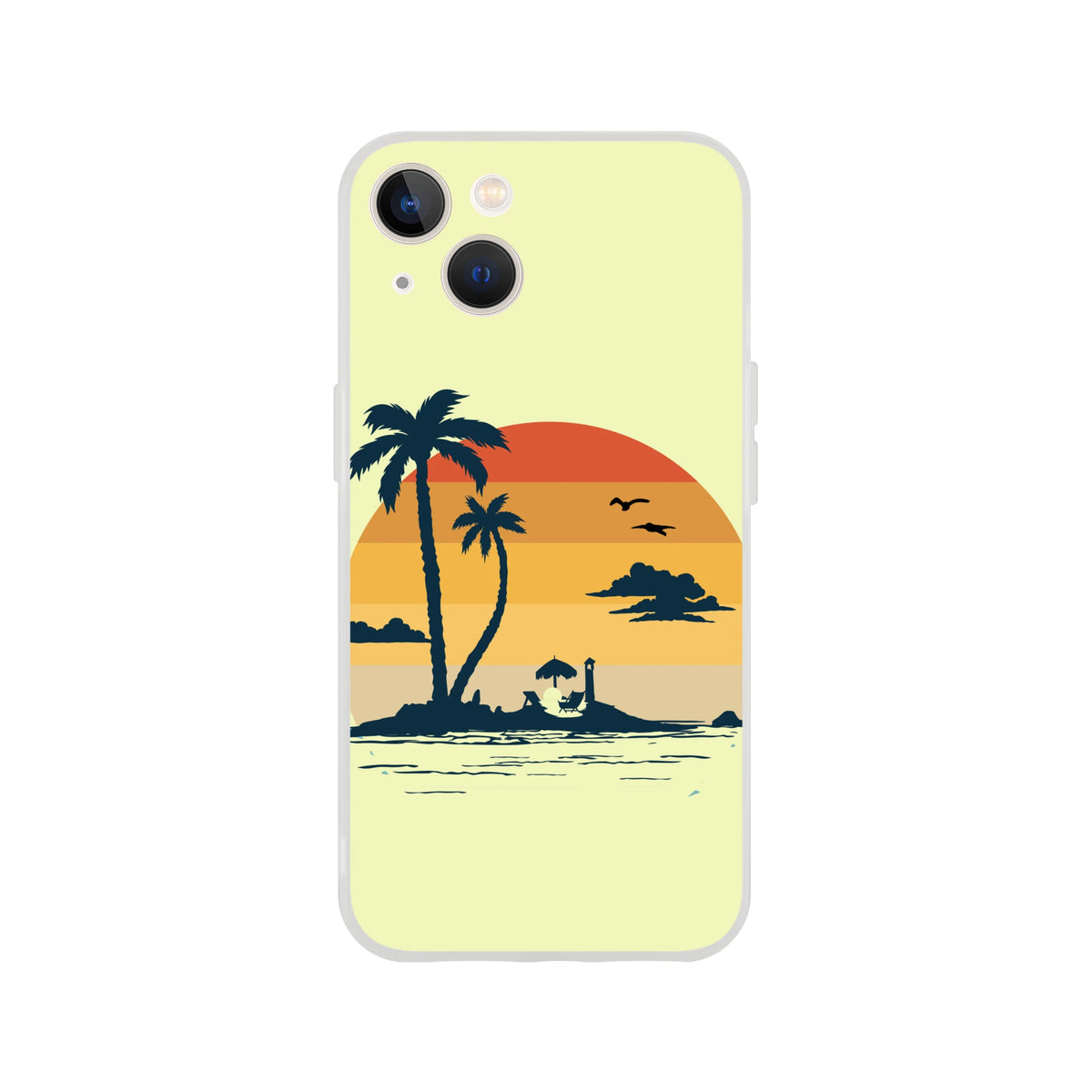 Retro Beach iPhone Case (13-16) featuring a palm tree sunset design on a yellow cover
