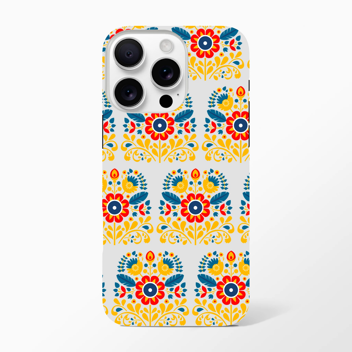 Floral wraparound print dual-layer protective case for iPhone 16/15/14/13, glossy finish.