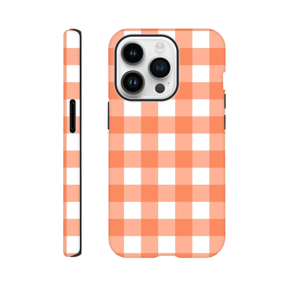 Orange gingham tough iPhone case with retro checkered pattern and shock-absorbing protection for models 13 through 16.