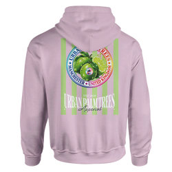 Back of pink hoodie featuring retro lime graphic with striped fruit design, Urban Palm Trees text, and ManchesterUnited Kingdom badge.