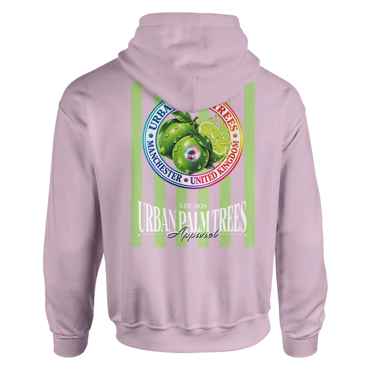 Back of pink hoodie featuring retro lime graphic with striped fruit design, Urban Palm Trees text, and ManchesterUnited Kingdom badge.