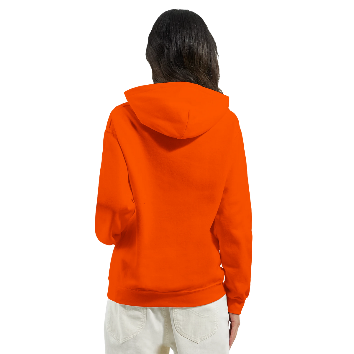 Back view of a vintage orange pullover hoodie featuring a relaxed fit and hood, styled with light denim for streetwear.
