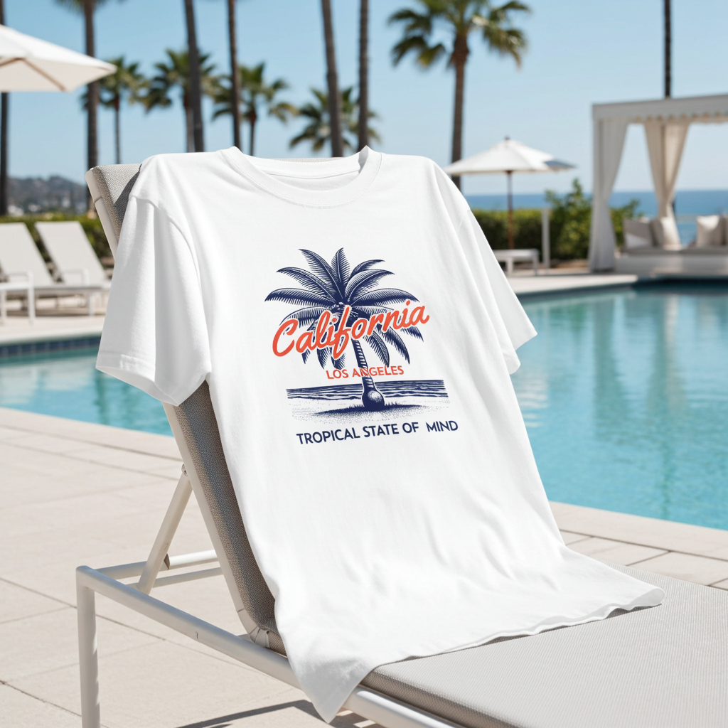 White t-shirt with 'California Los Angeles Tropical State of Mind' design on a lounge chair by a pool.
