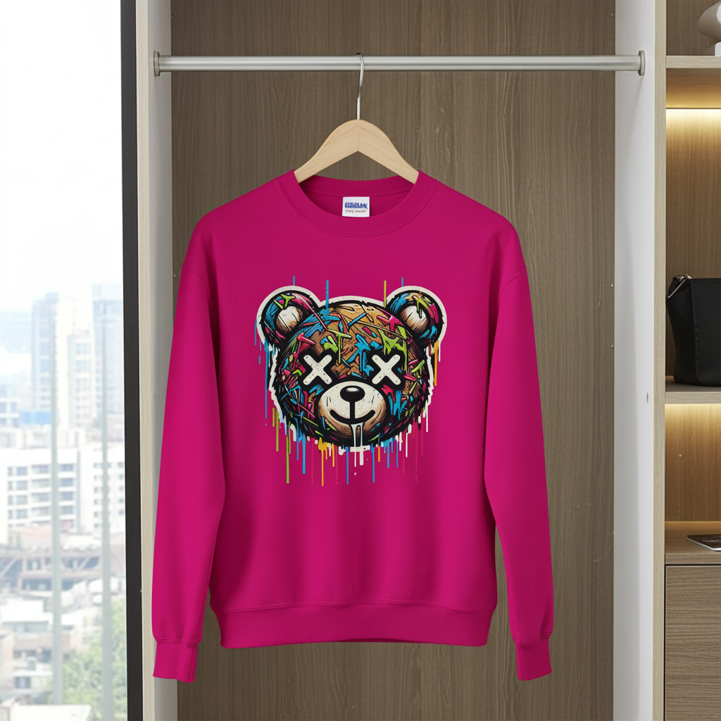 Pink sweatshirt with a colorful bear graphic on a hanger against a window background
