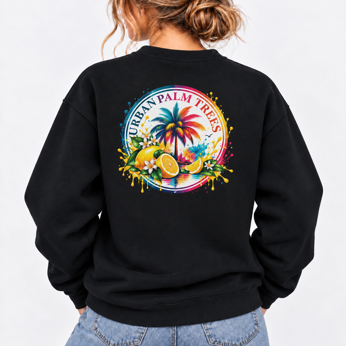 Black palm tree sweatshirt with colorful tropical back logo print