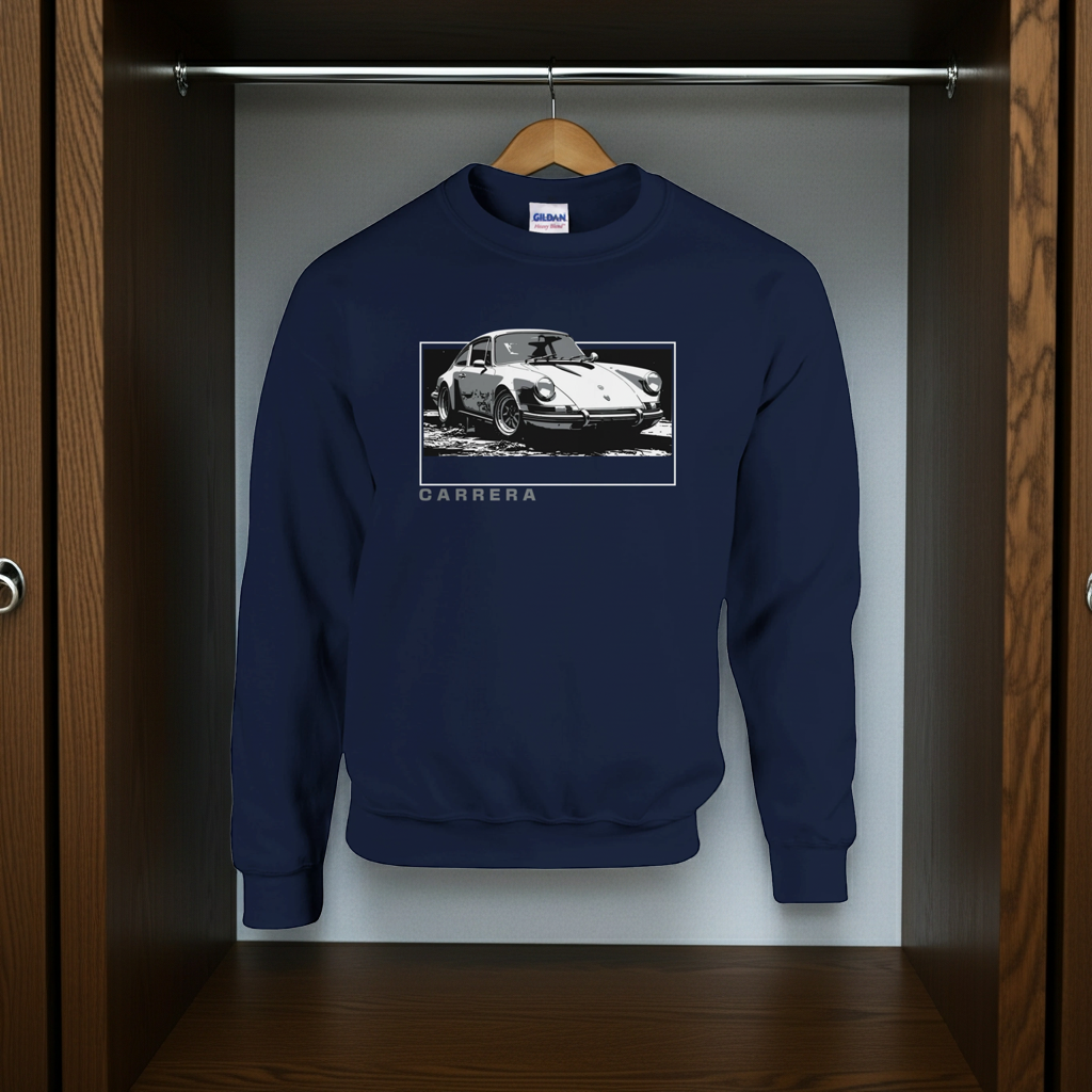 Navy blue sweatshirt with Porsche Carrera graphic on a hanger against a white background