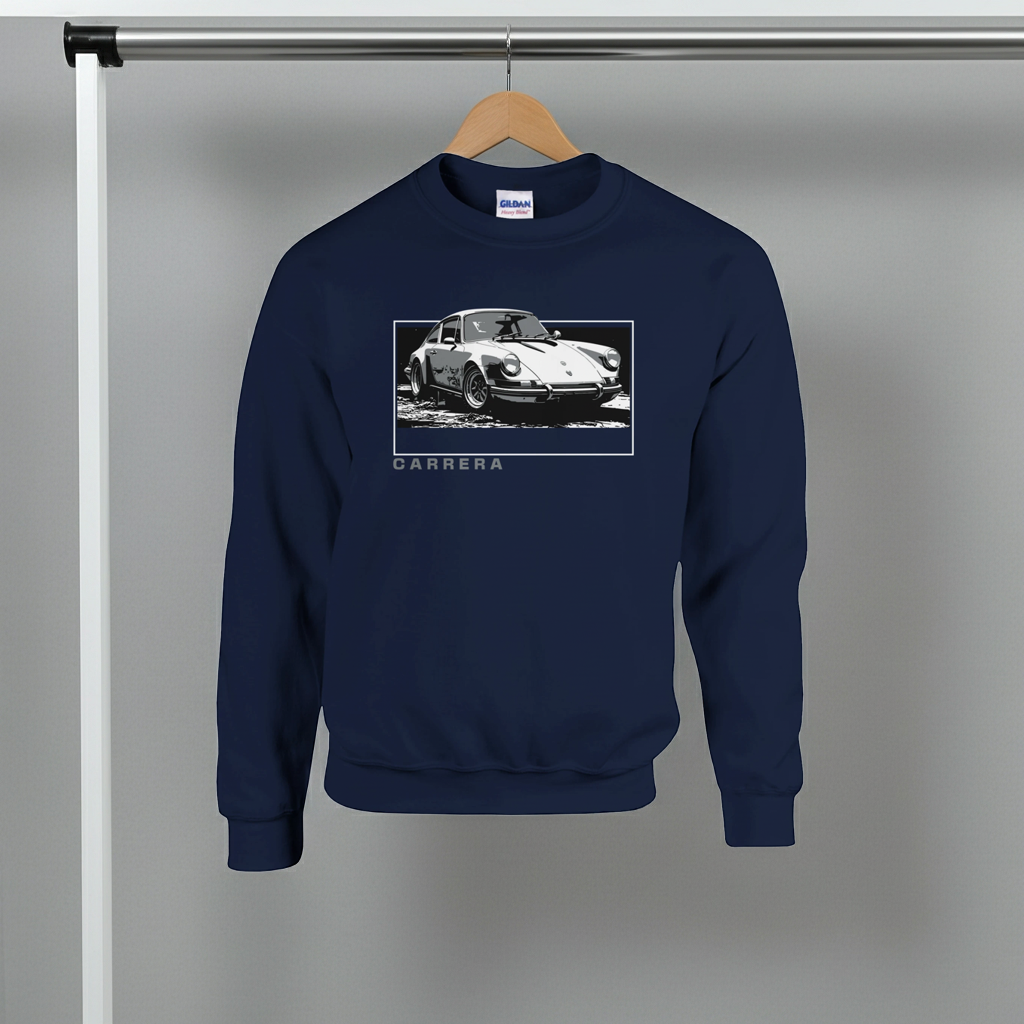 Navy blue sweatshirt with a Porsche Carrera graphic on a hanger against a gray background