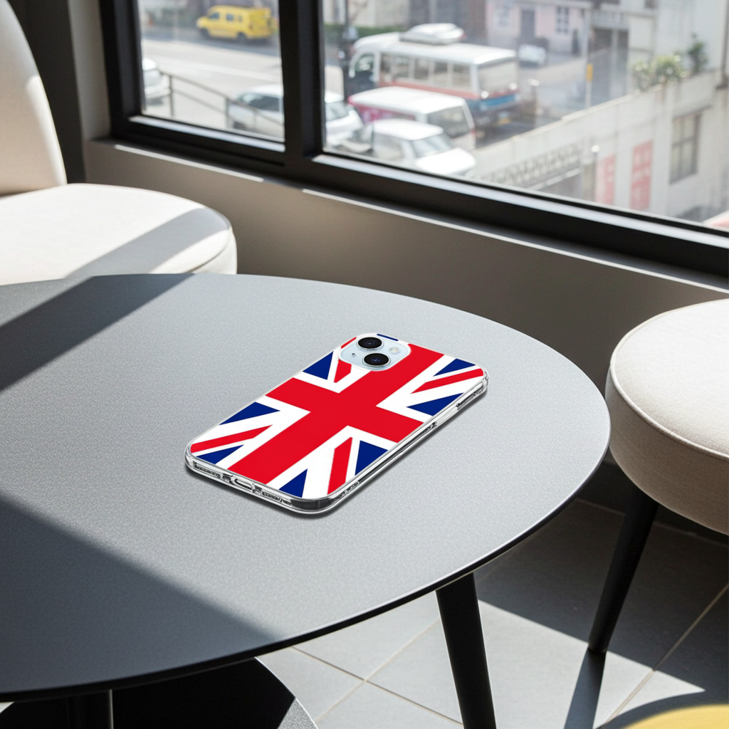 Phone case with British flag design on a table near a window