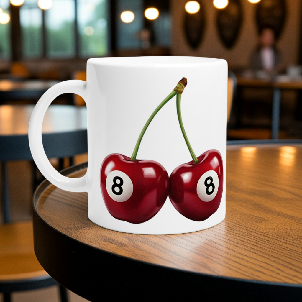 White mug with cherries and number 8 design on a wooden table.