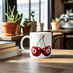 White mug with cherry design on a wooden table in a cozy cafe setting