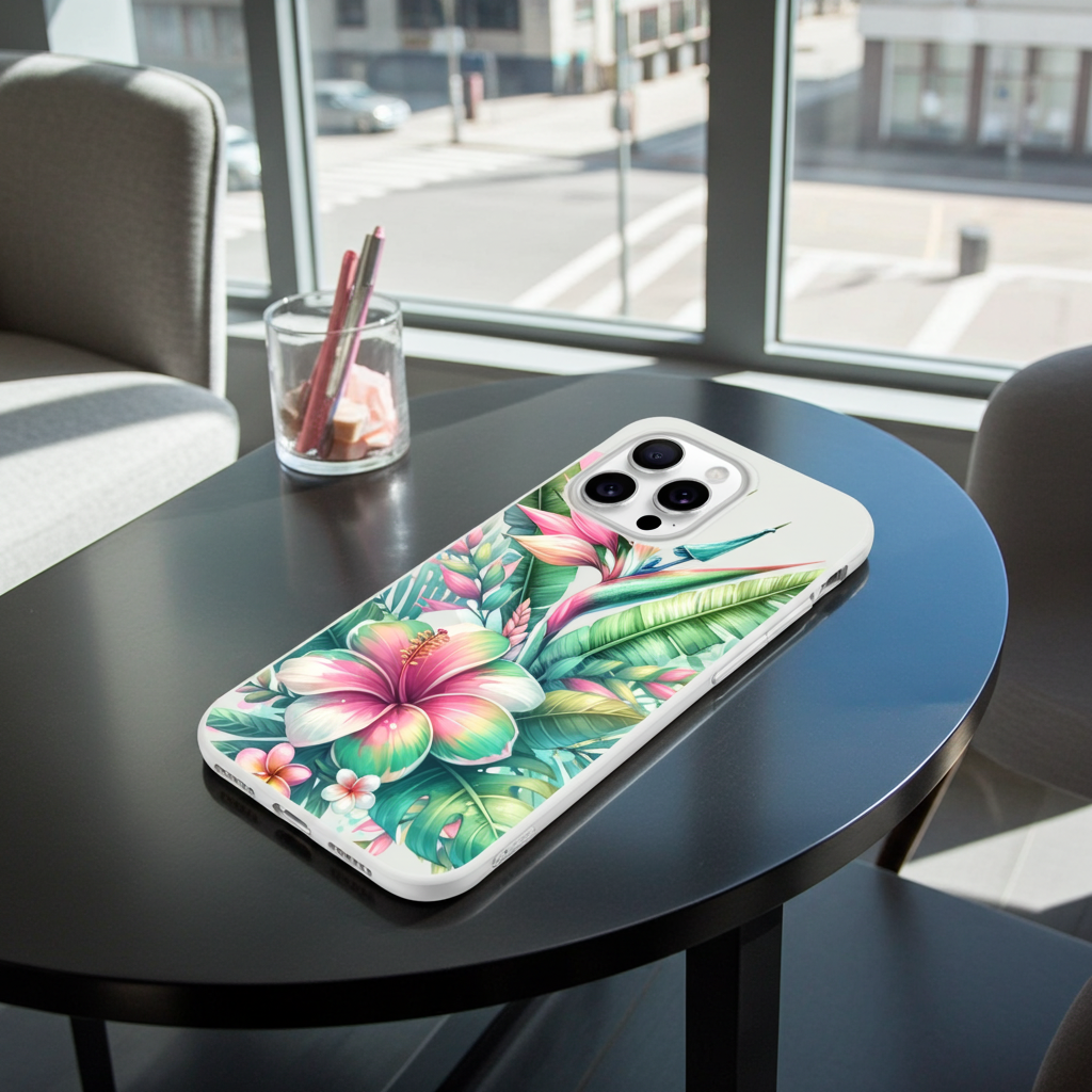 Phone case with floral design on a table near a window