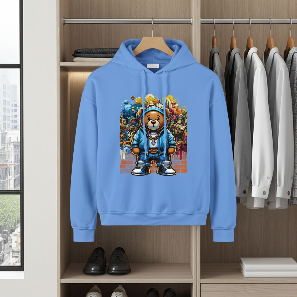 Blue hoodie with a colorful bear graphic on a rack in a clothing store.