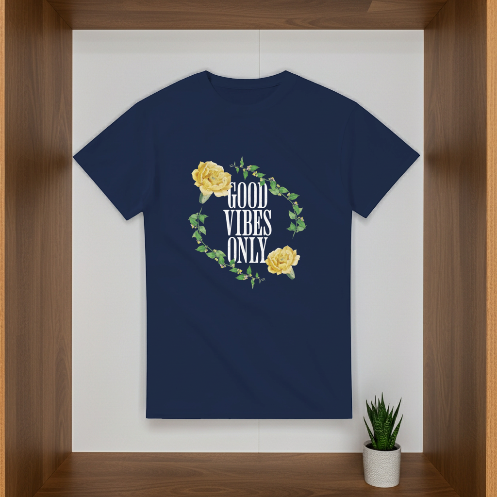 Navy blue t-shirt with 'Good Vibes Only' design on a white background