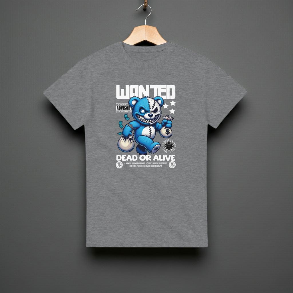 Gray t-shirt with a blue bear graphic and text on a gray background