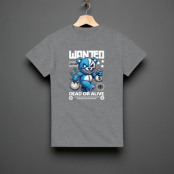 Gray t-shirt with a blue bear graphic and text on a gray background