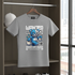 Gray t-shirt with a blue bear graphic and text on a hanger.