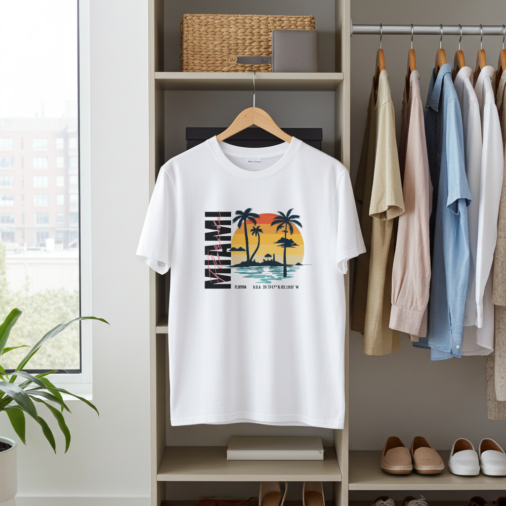 White t-shirt with 'Miami' graphic design hanging on a rack in a room with shelves and plants.
