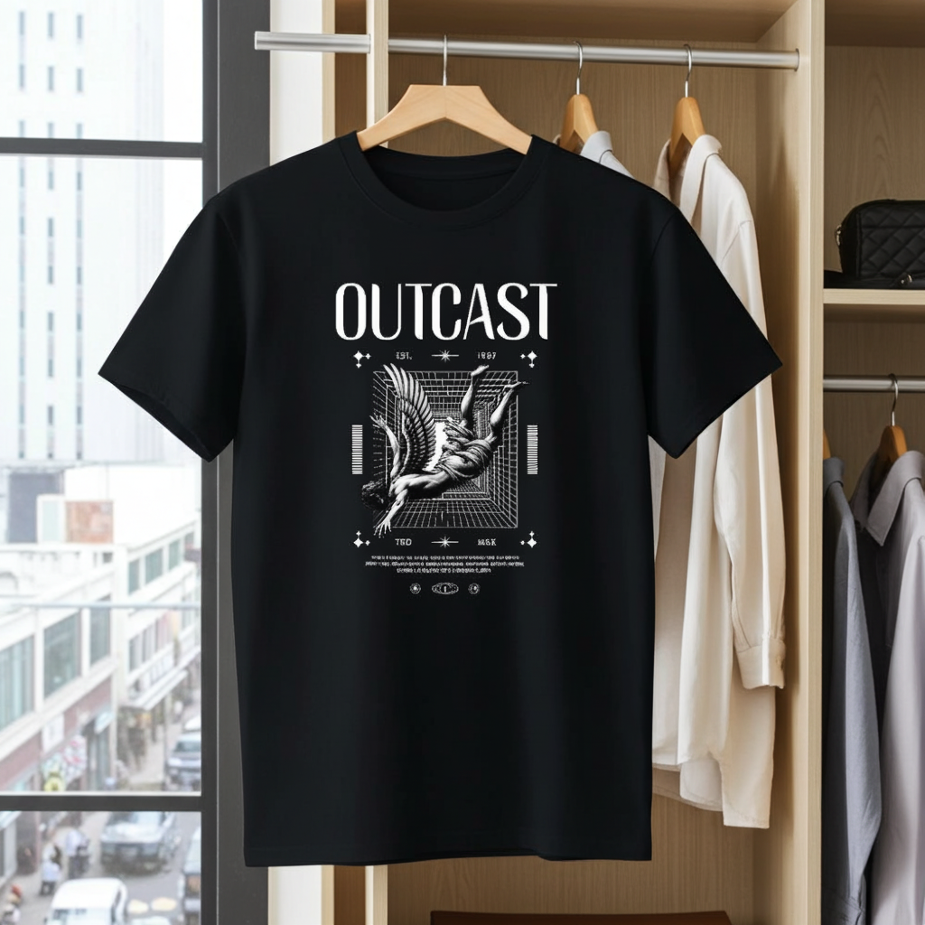 Black t-shirt with 'OUTCAST' design hanging in a wardrobe.