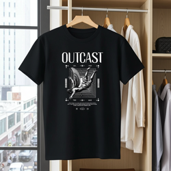 Black t-shirt with 'OUTCAST' design hanging in a wardrobe.