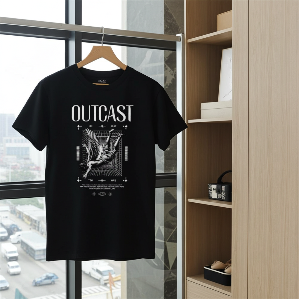 Black t-shirt with 'OUTCAST' design on a hanger by a window with a city view.